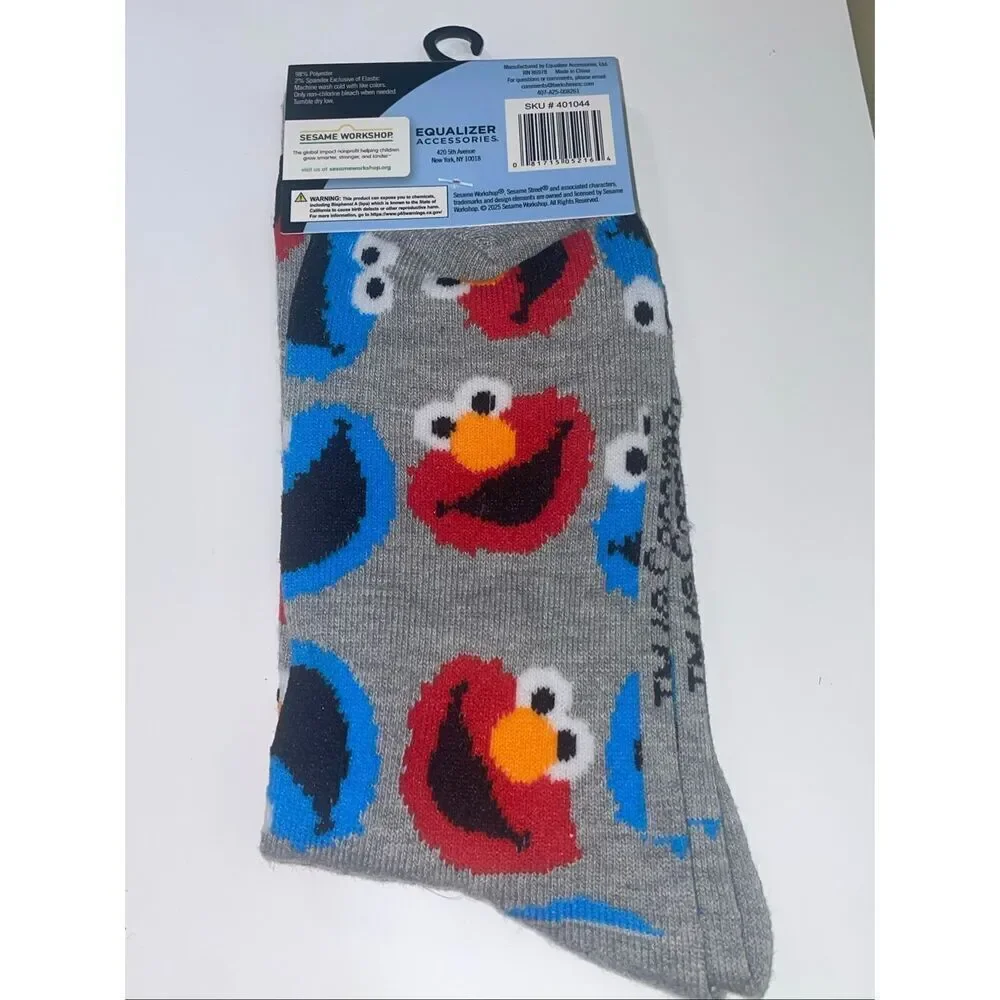 Sesame Street Elmo & Cookie Monster Gray Crew Socks Unisex One Size